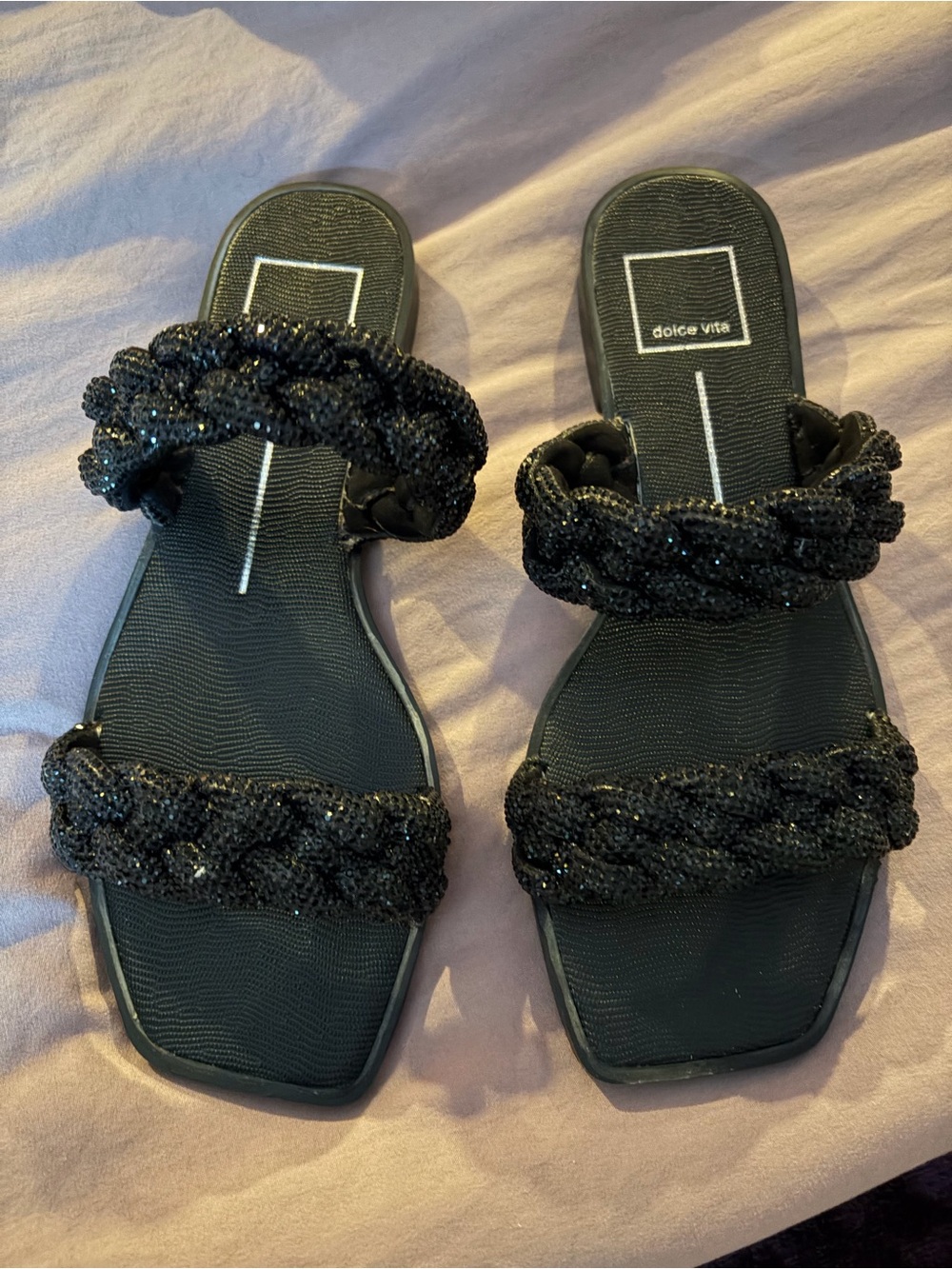 Dolce Vita Indy crystal rhinestone braided straps black flat sandals Sz 7
